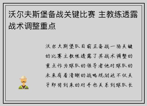 沃尔夫斯堡备战关键比赛 主教练透露战术调整重点